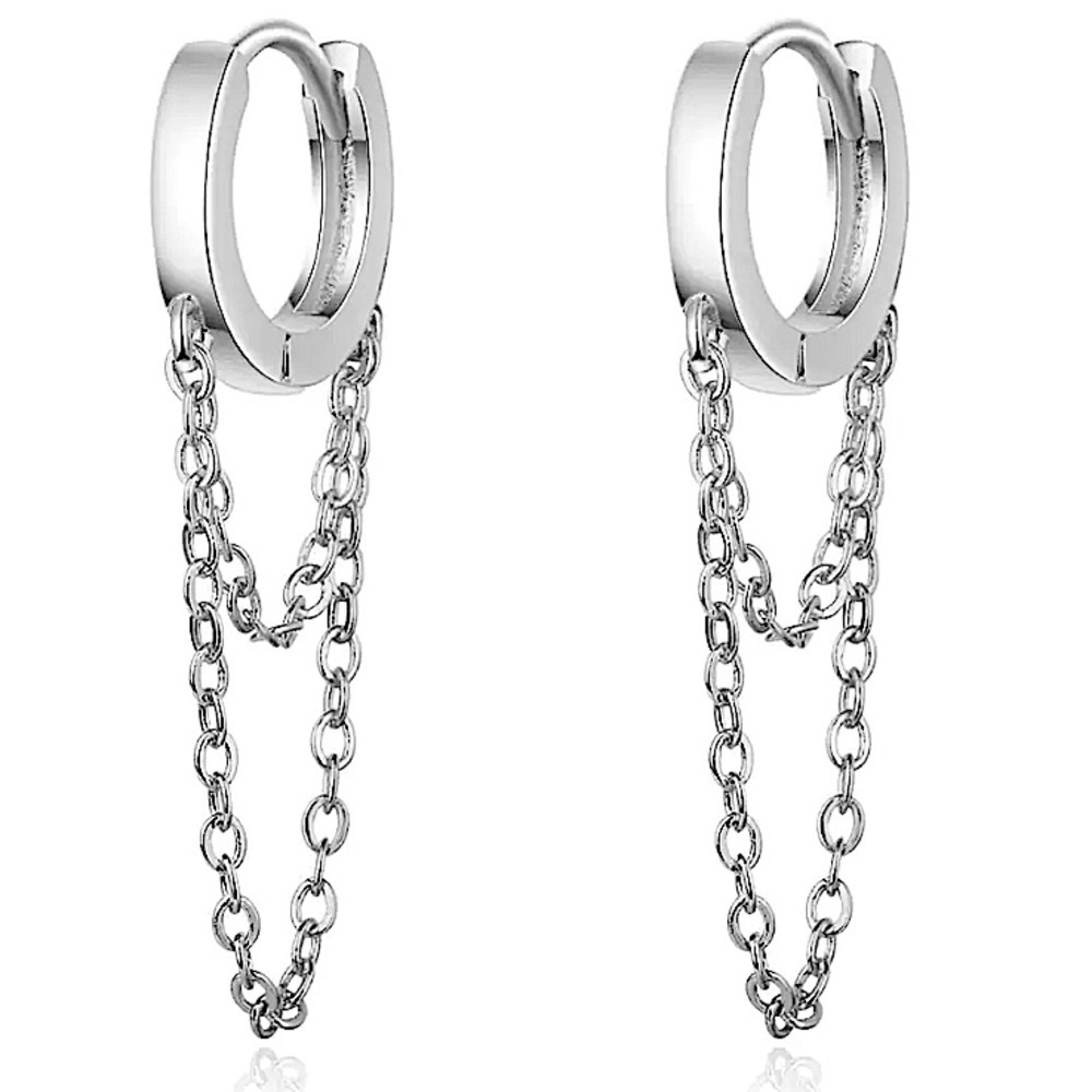 STERLING SILVER HOOP CHAIN DROP MINIMALIST EARRINGS